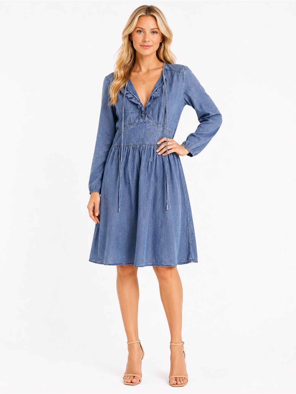 A.P.C. Size 42 Medium/Large Denim Blue Ruffle V-Neck Long Sleeve Dress